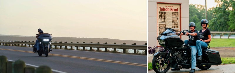 couple riding motorcycle along toledo bend