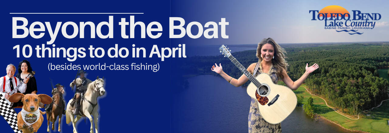 Banner showing things to do in april bluegrass artist, horses for battle of pleasant hill, weiner dog derby